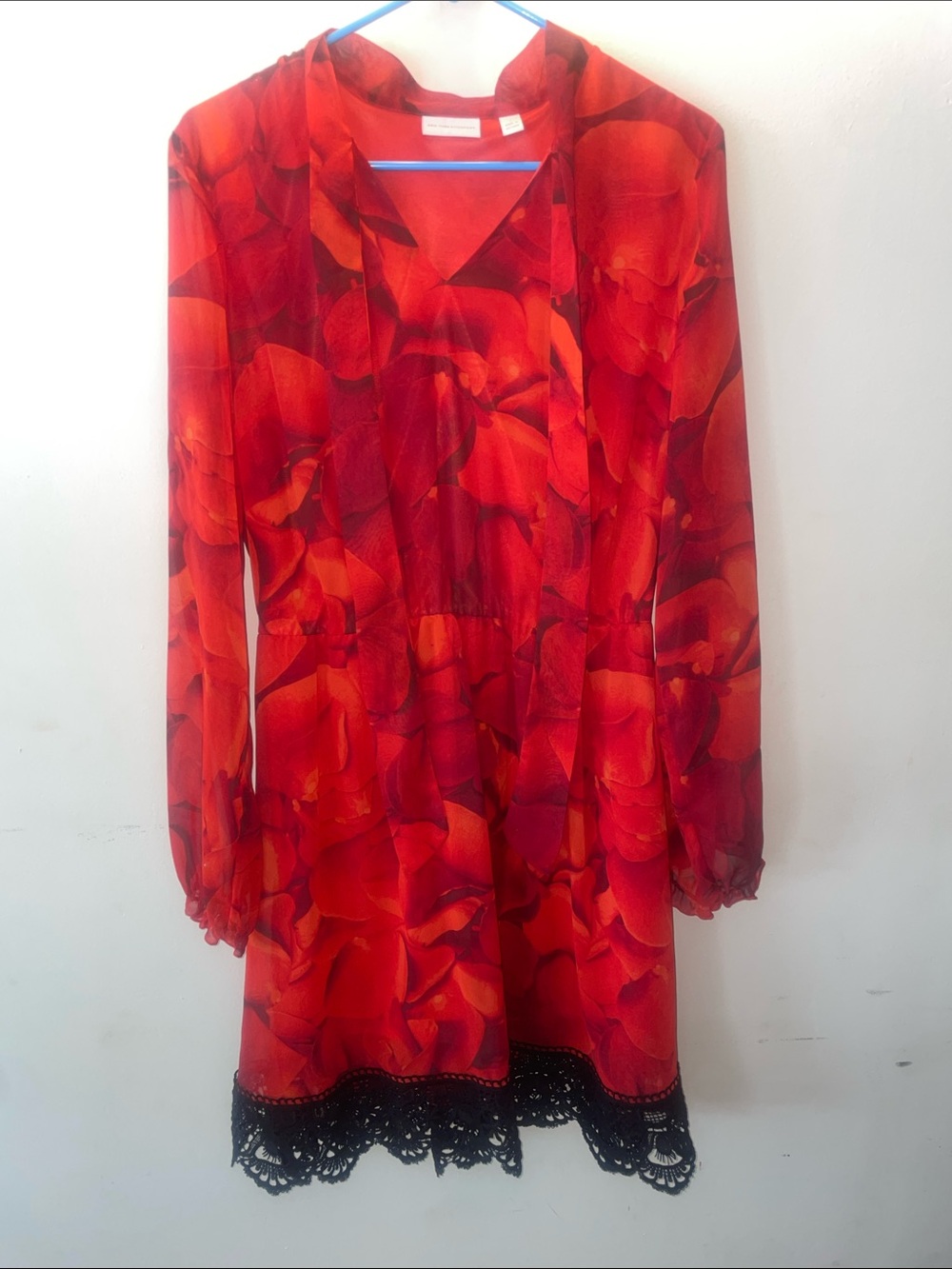New York & Company Red Floral Long Sleeve Dress with Black Lace Hem